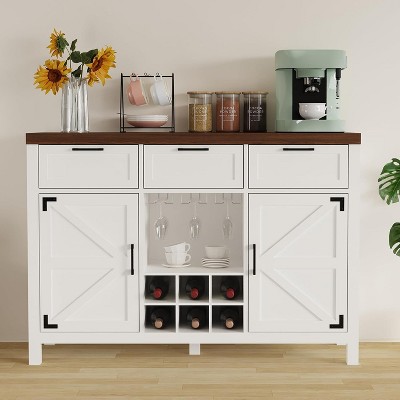 Buffet Cabinet, 48”Sideboard Coffee Cabinet with 3 Drawers, 2 Barn Door, Wine & Glass Rack, Storage Shelves, Coffee Bar Cupboard