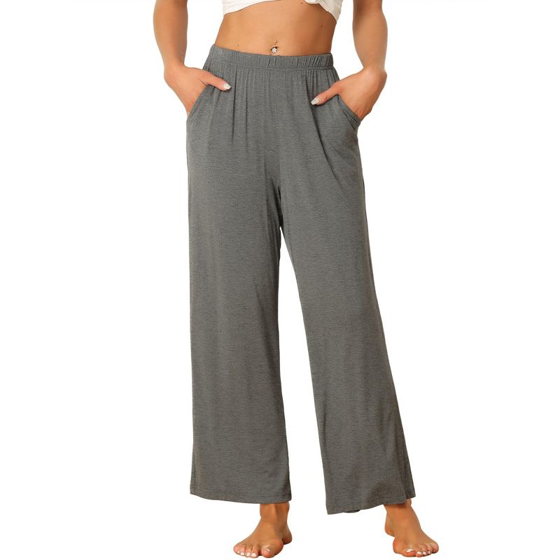 cheibear Women's Cotton Elastic Waist Straight Wide-Leg Sleep Pants with Pockets, 1 of 7