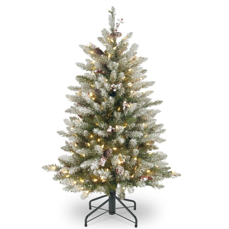 4.5ft National Christmas Tree Company Pre-Lit Dunhill Fir Artificial Christmas Tree with Snow, Red Berries, Cones with 450 Clear Lights, 1 of 4