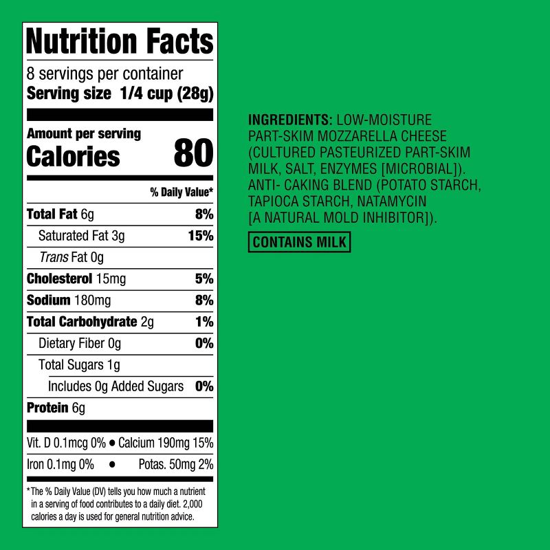 Nutrition label showing 80 calories per 1/4 cup serving, with ingredients including low-moisture part-skim mozzarella cheese, anti-caking blend, and a note that it contains milk.