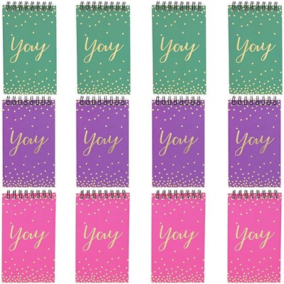 Paper Junkie 12-Pack Gold Foil Yay Confetti Spiral Lined Notebooks Journals (5.3 x 3 in, 50 Sheets, 3 Colors)