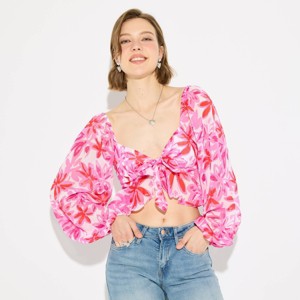 Women's Puff Long Sleeve Tie-Front Sweetheart Neck Blouse - Wild Fable™ - 1 of 3