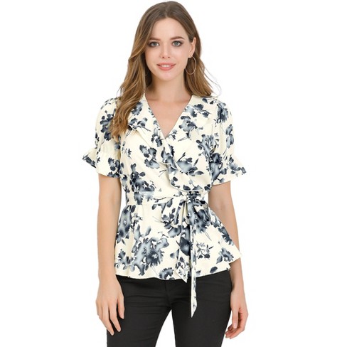 Allegra K Women's Floral V Neck Tie Waist Short Sleeve Belted Ruffle Wrap Shirt - image 1 of 4