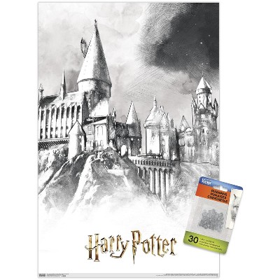 Trends International The Wizarding World: Harry Potter - Illustrated  Hogwarts Unframed Wall Poster Print Clear Push Pins Bundle 14.725