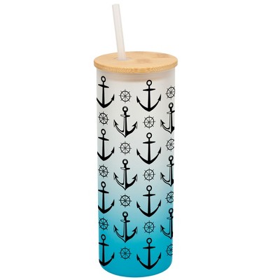 Elanze Designs Nautical Anchor Sailboat Helm Ocean Life Wrap-Around Design 25 Ounce Frosted Gradient Glass On-The-Go Coffee Travel Skinny Tumbler Mug