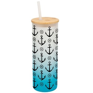 Elanze Designs Nautical Anchor Sailboat Helm Ocean Life Wrap-Around Design 25 Ounce Frosted Gradient Glass On-The-Go Coffee Travel Skinny Tumbler Mug - 1 of 1