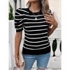 Womens Short Sleeve Puff Sleeve Round Neck Color Block Striped Sweater - 4 of 4