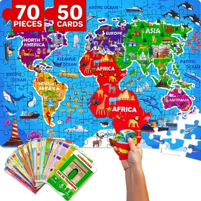 QUOKKA 70 Pieces Jigsaw Puzzles for Kids 4 5 6 Years Old - 400+ Facts on 50 Double-Sided Flashcards | Learn World| Education Activity Gift