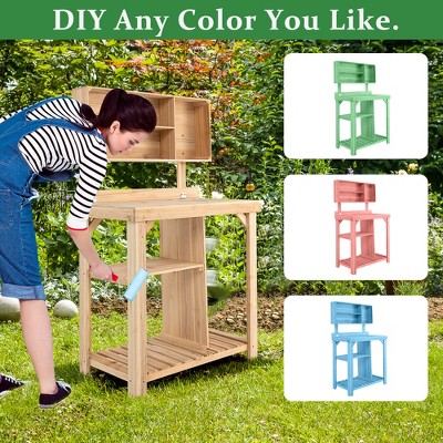 Natural Fir Wood Garden Potting Bench with Storage Shelves