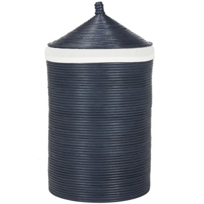 Navy and White Rattan Upright Hamper with Lid