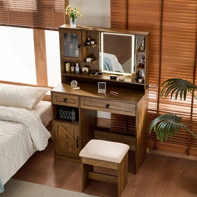 Vanity Desk Farmhouse with LED Mirror and Charging Station for Bedroom 37.4in Wide-3irtyhousy
