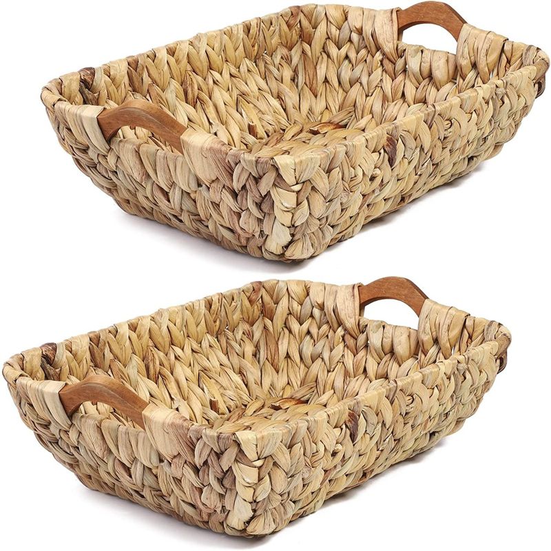 Juvale 2 Pack Natural Brown Hyacinth Storage Baskets with Wooden Handles for Shelves, Decorative Bathroom Organization, 14.5 x 10.5 x 4 In, 1 of 9