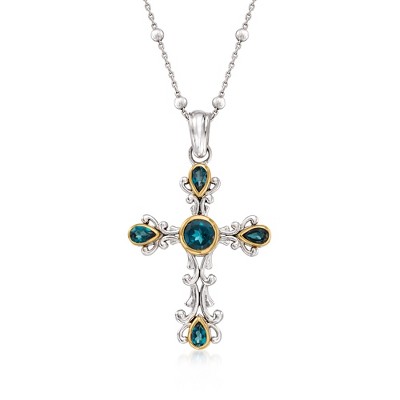 Ross-Simons 2.00 ct. t.w. London Blue Topaz Cross Pendant Necklace in Sterling Silver and 14kt Yellow Gold