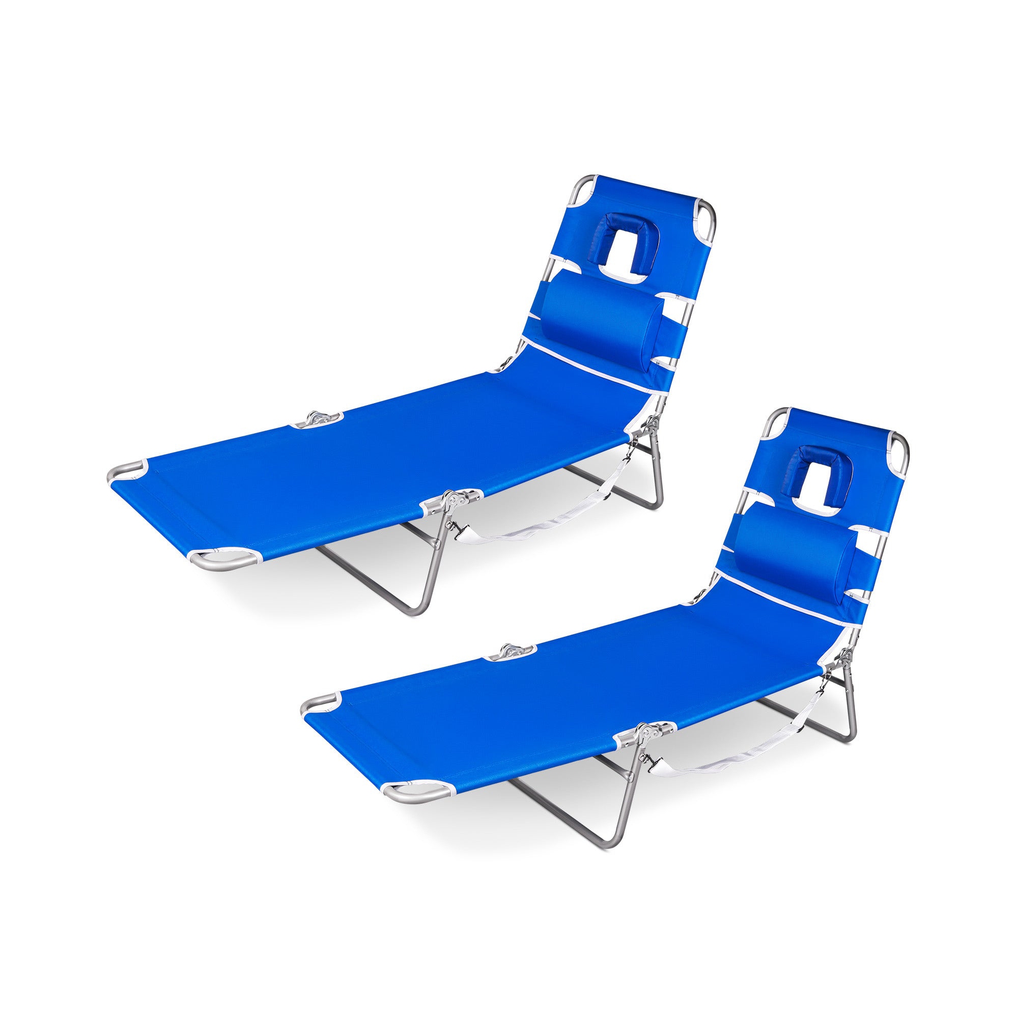 SUNSPIRE 2 Pack Folding Beach Lounge Chair with Face Hole Pillow Side Pocket, Portable Reclining Tanning Sun Lounger for Beach Pool Patio Blue