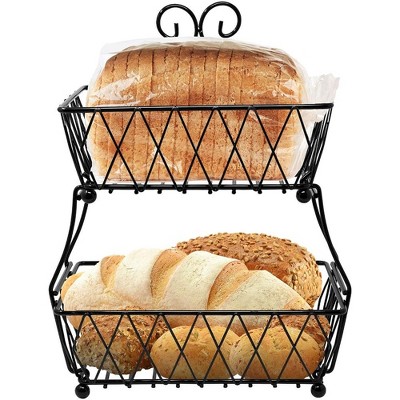 Black Metal 2-Tier Rectangular Fruit Basket Stand