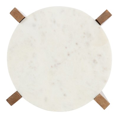 Natural Mango Wood and White Marble Round Two-Tier End Table