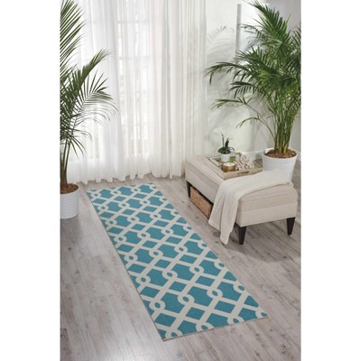 Aqua Geometric Synthetic Outdoor Runner Rug