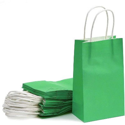25 pcs 5"x3.15"x9" Green Kraft Paper Gift Bags, Party Favor, Shopping Bags with Handles