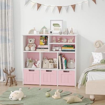 Toy Storage Organizer, Kids Bookshelf with 3 Movable Drawers and 6 Storage Cubbies, Toddlers Bookcase Toy Storage Cabinet Display for Bedroom