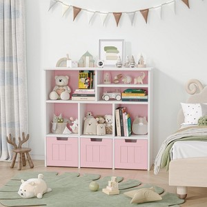 Toy Storage Organizer, Kids Bookshelf with 3 Movable Drawers and 6 Storage Cubbies, Toddlers Bookcase Toy Storage Cabinet Display for Bedroom - 1 of 4