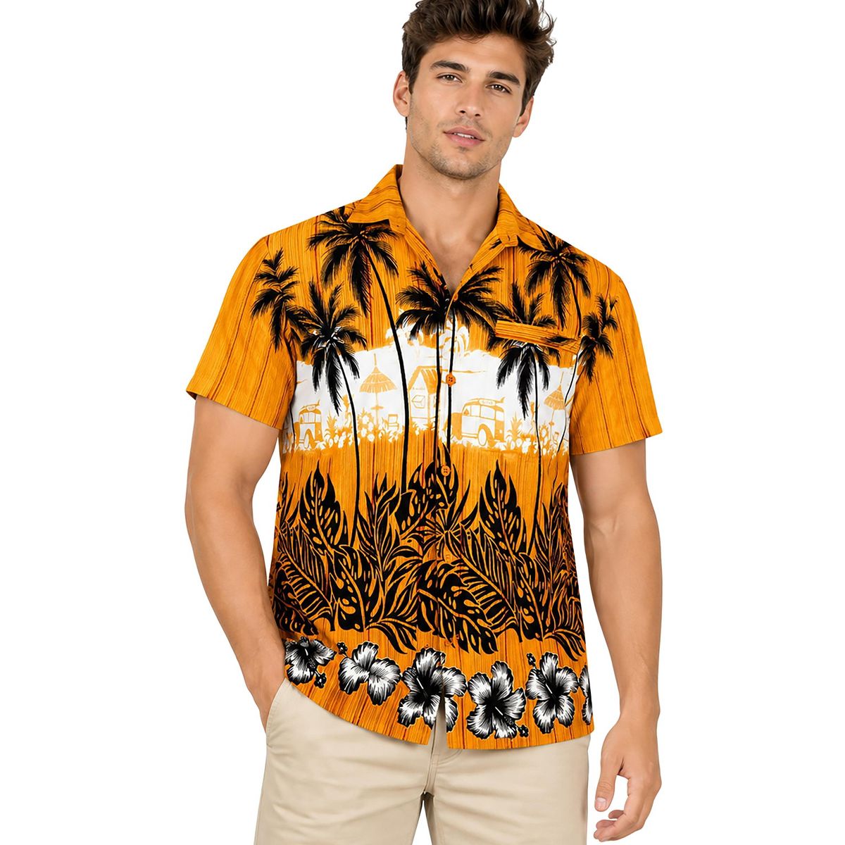 LA LEELA Mens Hawaiian Short Sleeve Button Down Shirt Men's Summer Shirts Casual Beach Vacation Hawaii Island Shirts for Men Funny XXL Gold, Tree