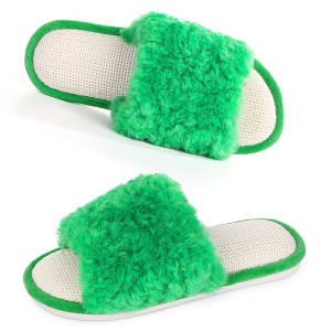 Women's Slip On Fuzzy House Slippers Open Toe Fluffy Plush Memory Foam Indoor Bedroom Slides - 1 of 4