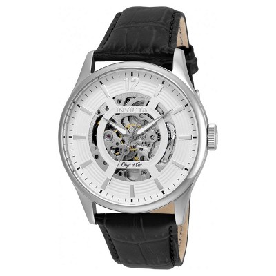 Invicta 22594 Men's Objet D Art White & Silver Skeleton Dial Black Leather Strap Automatic Watch