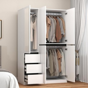 TiramisuBest Wardrobe Armoire, 2-Door Closet with Drawers & Hanging Rod, Twill Wooden Storage Cabinet, Modern White, 20.4"D x 31.5"W x 76.77"H - 1 of 4