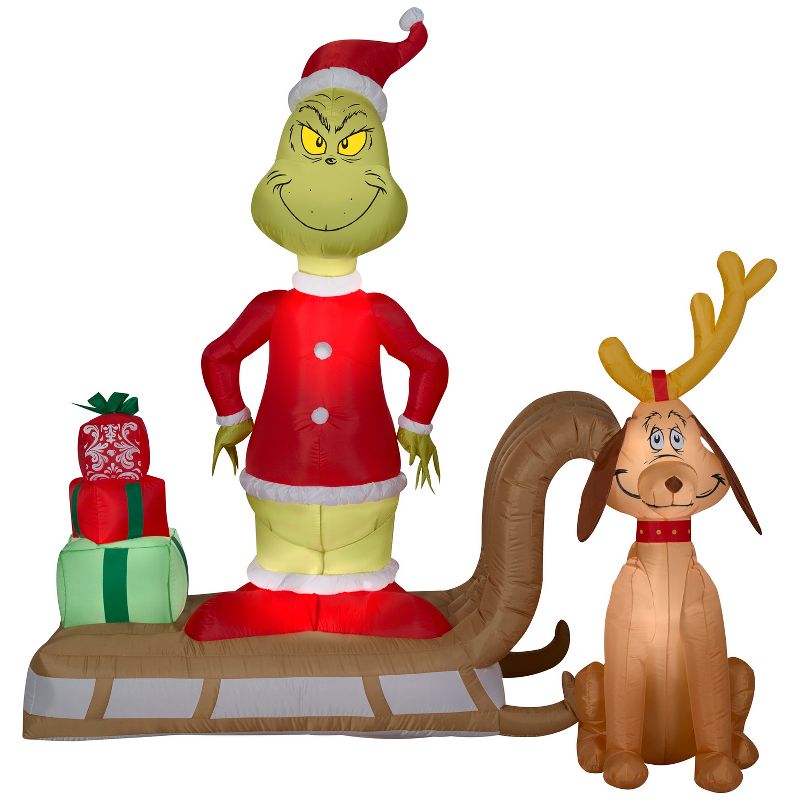 Gemmy Christmas Inflatable Grinch and Max Sled Scene with Gift Stack, 6 ft Tall, Multi, 1 of 7