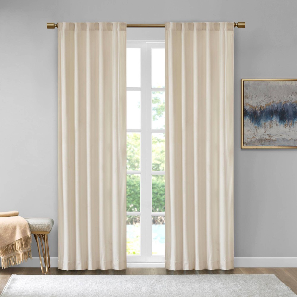 Photos - Curtains & Drapes Set of 2  Bryce Poly Velvet Room Darkening Curtain Panels Ivory(95"x37")