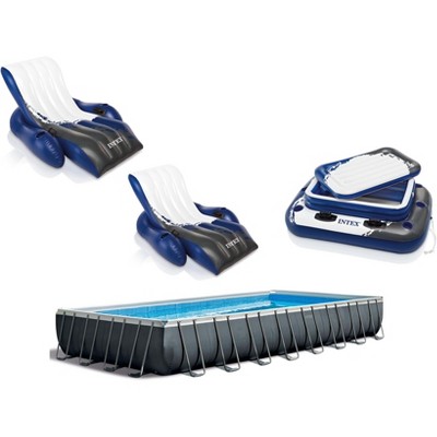 Intex 26377EH  32ft x 16ft x 52in Ultra XTR Frame Above Ground Rectangular Swimming Pool Set with 2 Inflatable Recliner Lounge Chairs and Cooler Float