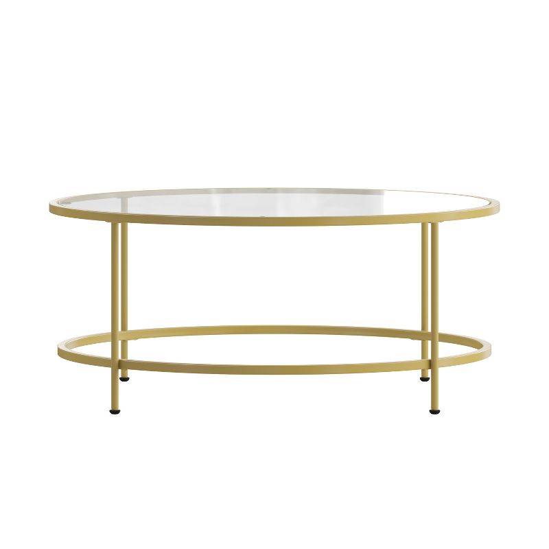 Merrick Lane Newbury Glass Coffee Table with Round Matte Gold Frame and Vertical Legs, 4 of 14
