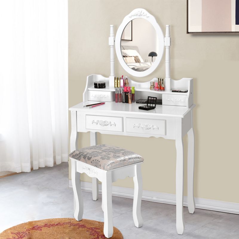 Costway Vanity Wood Makeup Dressing Table Stool Jewelry Desk 4 White, 1 of 11