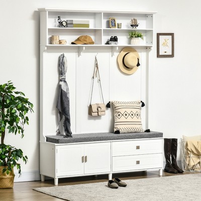 Modern White Hall Tree with Bench and Shoe Storage
