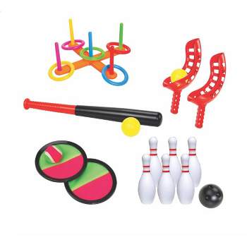 KOVOT Fun Sports Indoor and Outdoor 5 Combo Game Set – Ring Toss, Baseball, Scoop Ball, Bowling, Catch and Toss Game