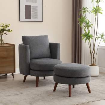 30.7"W Upholstered  Accent Chair with Ottoman, Reading Armchair with Wooden Leg and Throw Pillow-ModernLuxe
