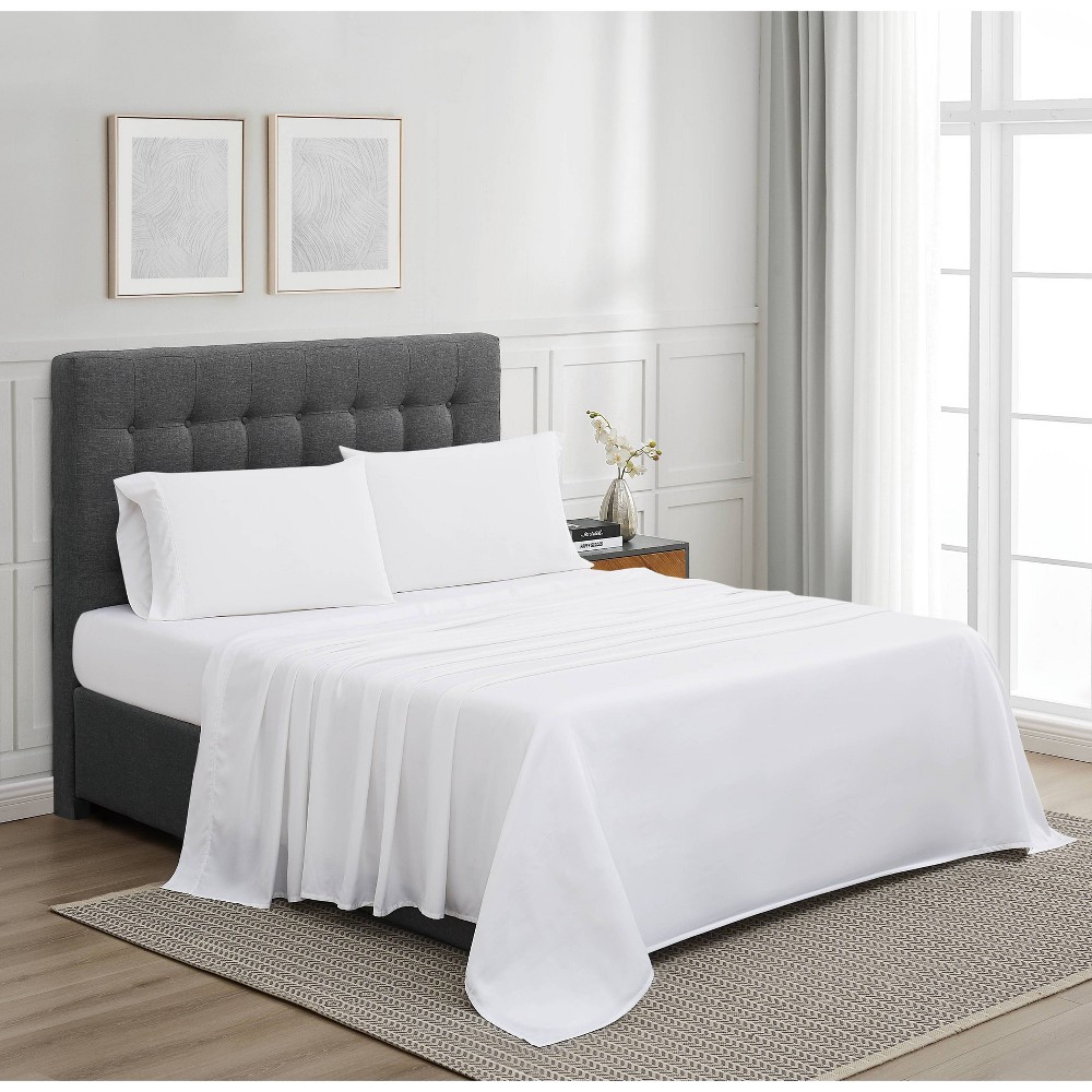 Badgley Mischka Queen 4pc 300TC Tencel Sheet Set White: 100% Cotton, Includes 2 Pillowcases & Fitted Sheet