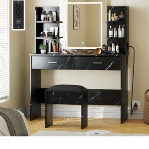 Vanity Desk with LED Mirror, 3 Lighting Modes & Charging Station, Makeup Vanity with 2 Drawers, 6 Shelves, Cushioned Stool for Bedroom - 1 of 4