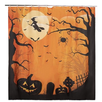 Juvale Halloween Shower Curtain with Hooks for Bathroom, Orange and Black (72 x 72 in)