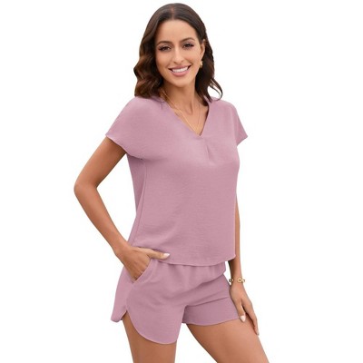Womens Summer Pajama Sets 2 Piece Lounge Sets Shorts Set V Neck Shirt with 4 Inseam Shorts Solid Pajama Sets - Pink,L