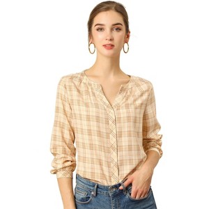 Allegra K Women's Casual Plaid Blouse Button Up V-Neck Long Sleeve Western Shirt - 1 of 4