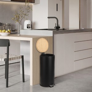 8 Gallon Stainless Steel Step Trash Can with Soft-Close Bamboo Lid, Removable Inner Bucket, 30L Round Garbage Bin for Living Room, Kitchen - 1 of 4