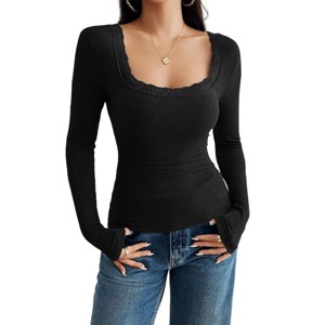 Womens Long Sleeve Sliming Tops Lace U Neck Tee Shirts Knit Rib Tops Slim Fit Open Back Tee Blouse - 1 of 4