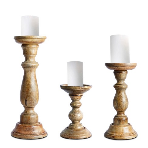 Mela Artisans Light Burnt Candle Holders For Pillar Candles (set Of 3)  Rustic Wooden Candle Holders Pillar 6, 9, 12 : Target