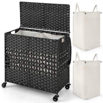 Costway 110L Laundry Hamper with Wheels Clothes Basket Lid & Handle & 2 Liner Bags Natural/Black/Brown