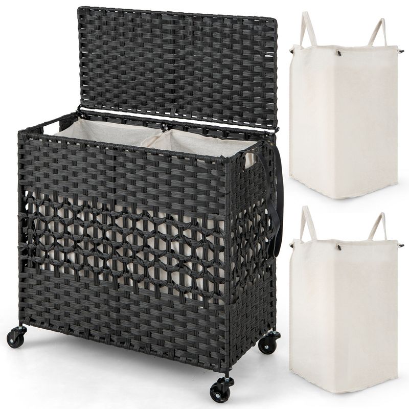 Costway 110L Laundry Hamper with Wheels Clothes Basket Lid & Handle & 2 Liner Bags Natural/Black/Brown, 1 of 11