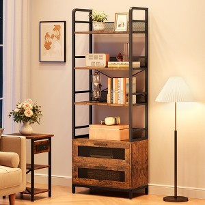 Bookshelf with Drawers Industrial Bookcase with 4 Tiers Open Storage Shelves Rustic Bookshelves 70.87" Tall Display Racks Farmhouse Bookshelf - 1 of 4