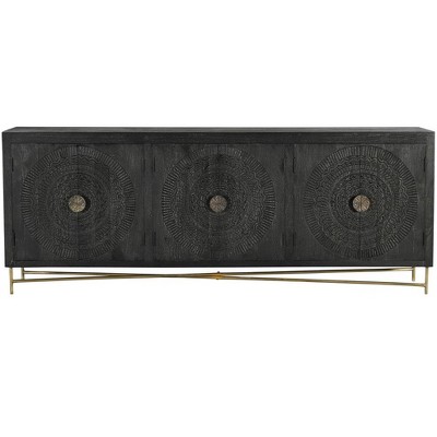 HomeRoots 95" Black Distressed Solid Wood Carved Geometric Sideboard with Six Doors