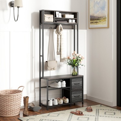 Weathered Gray Oak Hall Tree with Bench and Storage Drawers
