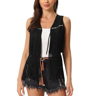 Womens Fringe Vest 70s Hippie Clothes Sleeveless Faux Suede Tassel Cowgirl Western Outfits